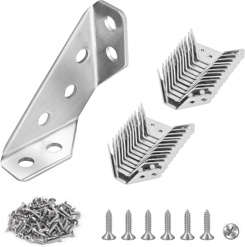 PlusRoc 24-Pack Universal Stainless Steel Furniture Corner Connectors with Screws - Heavy Duty Triangular Support Brackets for Wood Furniture, Drawers, Cabinets, Tables, and Chairs - Image 1